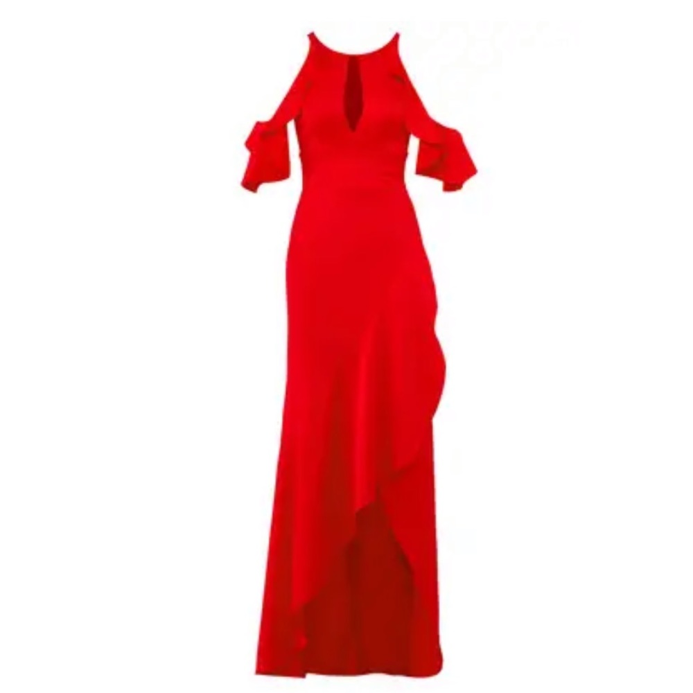 Monique Lhuillier red ruffle high low gown